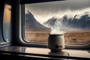 Steaming cup of coffee on the window sill of a campervan - Van Life and Slow living photo