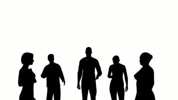 silhouet mensen praten Aan wit achtergrond. silhouet Mens zwart mensen pratend communiceren wit scherm. ontwerp voor animatie, mensen staan, isoleren, spreken, persoon, menselijk, silhouet lichaam. video