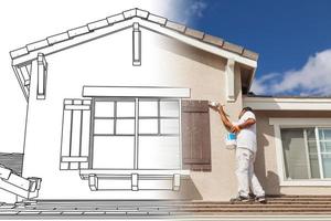pantalla dividida de dibujo y foto del pintor de casas pintando casa