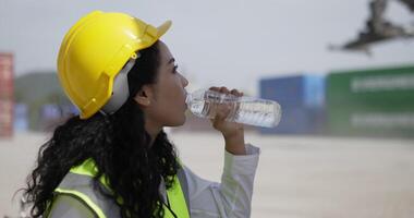 bella giovane ingegnere donna indossare casco e sicurezza veste seduta e potabile acqua, lei pulire sudore su viso mentre Lavorando nel il porta, spedizione contenitore logistica concetto video
