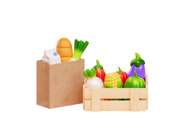 boîte en bois avec vente de légumes frais et sains supermarché shopping icône signe ou symbole illustration de rendu 3d png