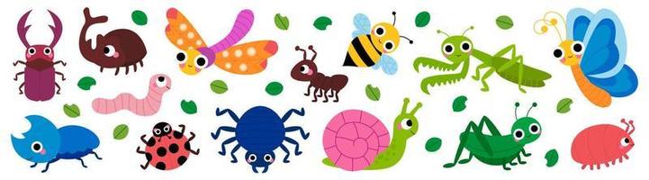 Set of cute garden insects, bugs. Snail, spider, butterfly, stag-beetle, mantis, dragonfly, grasshopper, worm, spider, ladybug, bee, beetle, ant for children. Funny childish characters. vector