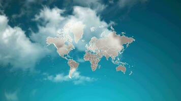 carte des pays du monde avec zoom avant des nuages réalistes traversent. zoom de la caméra dans l'effet du ciel sur la carte du monde. fond adapté aux introductions d'entreprise, au tourisme, aux présentations. video