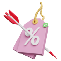 3d korting verkoop icoon voor boodschappen doen online met darts of pijl geïsoleerd. prijs tags coupon, afzet Promotie bonussen concept, 3d geven illustratie png
