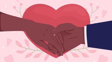 cérémonie de mariage animée. le marié place la bague sur le doigt de la mariée. jeunes mariés. animation de mains de première vue de dessin animé 2d couleur plat en boucle avec fond coloré. gros plan vidéo 4k avec canal alpha video