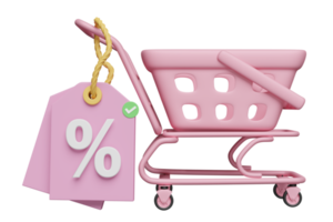 3d korting verkoop icoon voor boodschappen doen online met roze boodschappen doen kar, mand, prijs tags coupon geïsoleerd. afzet Promotie bonussen concept, 3d geven illustratie png