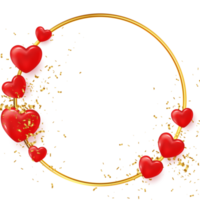 Valentinstag Rahmen. goldener kreisrahmen mit realistischen roten herzen und konfetti lokalisiert auf transparentem hintergrund. Platz für Texte. png