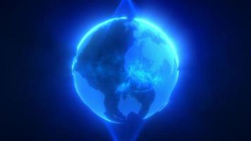 abstract blauw planeet aarde spinnen met futuristische high Tech deeltjes helder gloeiend magisch energie, abstract achtergrond. video 4k, beweging ontwerp
