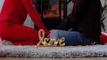 uomo e donna nel amore Data a casa siamo seduta vicino il camino stufa con un' ardente fuoco su un' accogliente tappeto. San Valentino giorno, contento coppia, amore storia, relazioni video