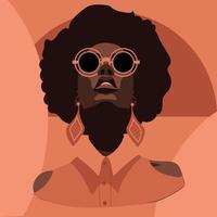 un moderno africano mujer en retro rosado lentes y joyas. un pelo rizado afroamericano mujer mira a usted con lentes en un rosado antecedentes. vector ilustración de un hermosa fuerte mujer. modesto