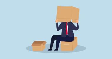 4k Business failure and fail entrepreneur animation concept, depressed businessman sitting covered his head with box, shameful cannot face people or society video