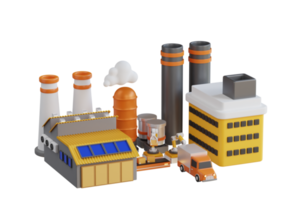 3d illustration de industriel usine bâtiment. représentant usine bâtiments avec industriel structures. représentant usine bâtiment avec cheminées, entrepôts, transport camions. png