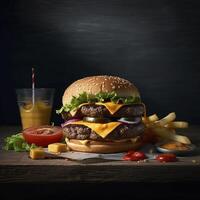 delicioso hamburguesa en el mesa, creado con generativo ai foto