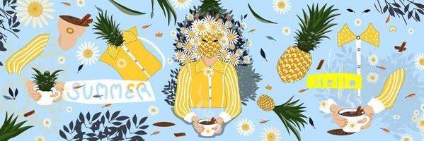 Summer,Vector illustration Fun Vibes of a Woman with Pineapple face Drinking Hot coffee,Girls with a Bouquet of Flowers Tropic Fruit,Branches Leaves,Yellow Shirt on Blue background,Hello Summer banner vector