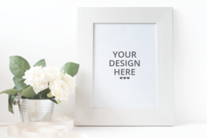 Picture frame with flower bouquet mockup psd