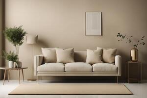 interior design of living room with copy space, beige sofa, side table, leaf in vase, pouf, elegant accessories and boucle rug. beige wall. minimalist home decor, photo