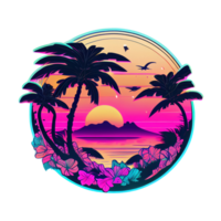 synthwave zonsondergang, landschap met palm bomen, retro Golf illustratie . ai gegenereerd png