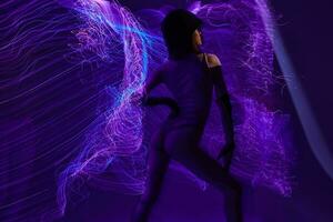 Beauty Fashion woman disco neon lines luxury fashion studio model unaltered photo