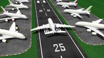 Välkommen till Nederländerna, flygplan landning på bana främre av stad byggnader, 3d tolkning video