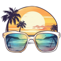 retro tropisch strand zomer tafereel met zonnebril en palm boom, waterverf, ai generatief png