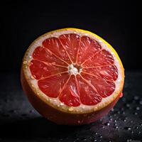 Striking Photography of One Half Juicy Grapefruit on Dark Background, . photo