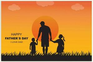Happy Father's Day and a silhouette of father and children in the background with sun and sky. vector