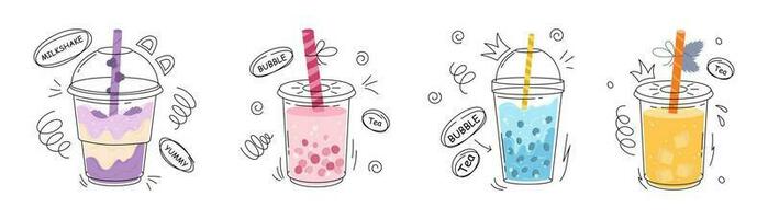 Bubble tea cup design collection, Pearl milk tea, Yummy drinks, milkshake and soft drinks with doodle style banner. Colorful flat vector illustration. Boba Yummy Beverages in Glass or Plastic Cups.