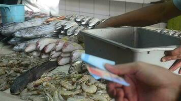 färsk fisk på de traditionell marknadsföra. indonesiska män sortera fisk på de fisk marknadsföra hölls på de största traditionell marknadsföra i bandung. video