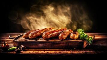 Grilled sausages on a wooden board Illustration photo