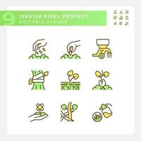 Agriculture green RGB color icons set. Soil cultivation. Growing crops. Rural development. Planting season. Isolated vector illustrations. Simple filled line drawings collection. Editable stroke