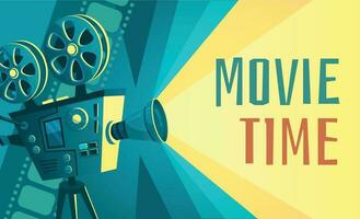 película hora póster. Clásico cine película proyector, hogar película teatro y retro cámara vector ilustración