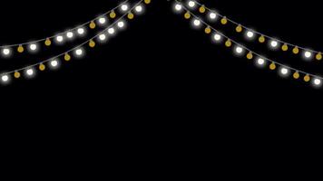 String of glowing blinking light bulbs. Light chain with flashing bulbs. Lamps hang from the top over alpha channel. Yellow and white lamps, light show for christmas or new year celebration. video