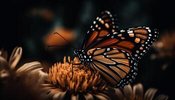 Vibrant monarch butterfly pollinates single yellow flower in springtime generated by AI photo