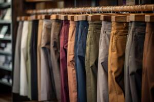 pantalones en perchas en un ropa almacenar. pantalones almacenar, nuevo ropa durante compras. generativo ai foto