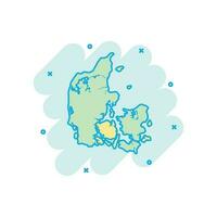 icono de mapa de dinamarca de dibujos animados vectoriales en estilo cómico. pictograma de ilustración de signo de Dinamarca. concepto de efecto de salpicadura de negocio de mapa de cartografía. vector