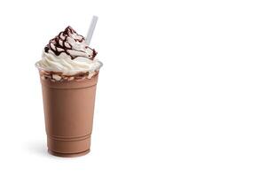 Chocolate milkshake in plastic takeaway cup isolated on white background with copy space. photo