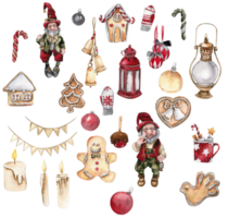 une ensemble de Noël biscuit, gnome , lampe, nouveau année jouets. main tiré aquarelle illustration pour hiver vacances. png