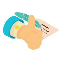 elección programa icono isométrica vector. hombre mano con pulgar arriba y papel y bolígrafo vector