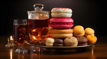 various types of sweet food on a wooden table. photo