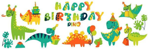 un conjunto de aislado linda dinosaurios en un contento cumpleaños tema. vector ilustración para un cumpleaños. brillante festivo animales con regalos, pastel y globos en festivo conos cumpleaños fiesta en el selva