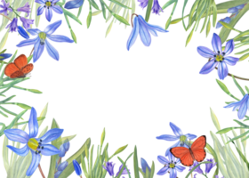 acuarela horizontal marco con escillas, narcisos, mariposas, jacintos ilustración contiene espacio para tu texto. salvar el fecha, san valentin día, cumpleaños, Boda postales png