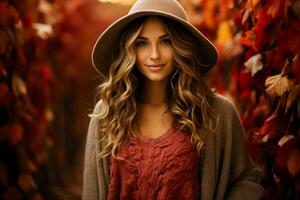 A woman in a cozy oversized sweater poses among fallen leaves showcasing the perfect blend of style and nature photo