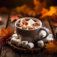 Cozy Autumn Scene with Hot Chocolate Topped with Melting Marshmallows in White Mug photo
