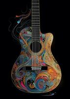 un vistoso acústico guitarra en un oscuro antecedentes ai generado imagen foto