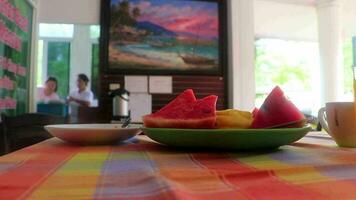 Naithon Beach Phuket Thailand 2018 Fresh breakfast with pineapple watermelon orange juice toast Phuket Thailand. video