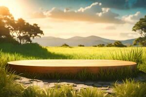 A Rustic Wooden Podium Surrounded By Grasses In The Outdoor Landscape Scenery Photo Background
