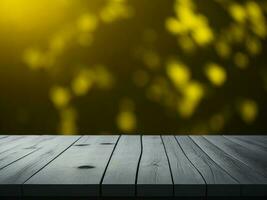 Wooden table and blur tropical green grass background, product display montage. High quality photo 8k FHD AI generated