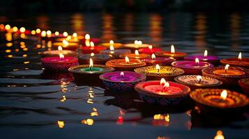 Oil lamps lit on colorful rangoli during diwali celebration Colorful clay diya lamps with flowers photo