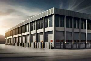 a large warehouse building with a large garage door. AI-Generated photo