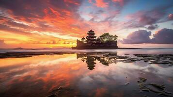 Ancient pura ulun danu bratan, besakih or famous hindu temple and tourist in bali island at sunrise concept by AI Generated photo